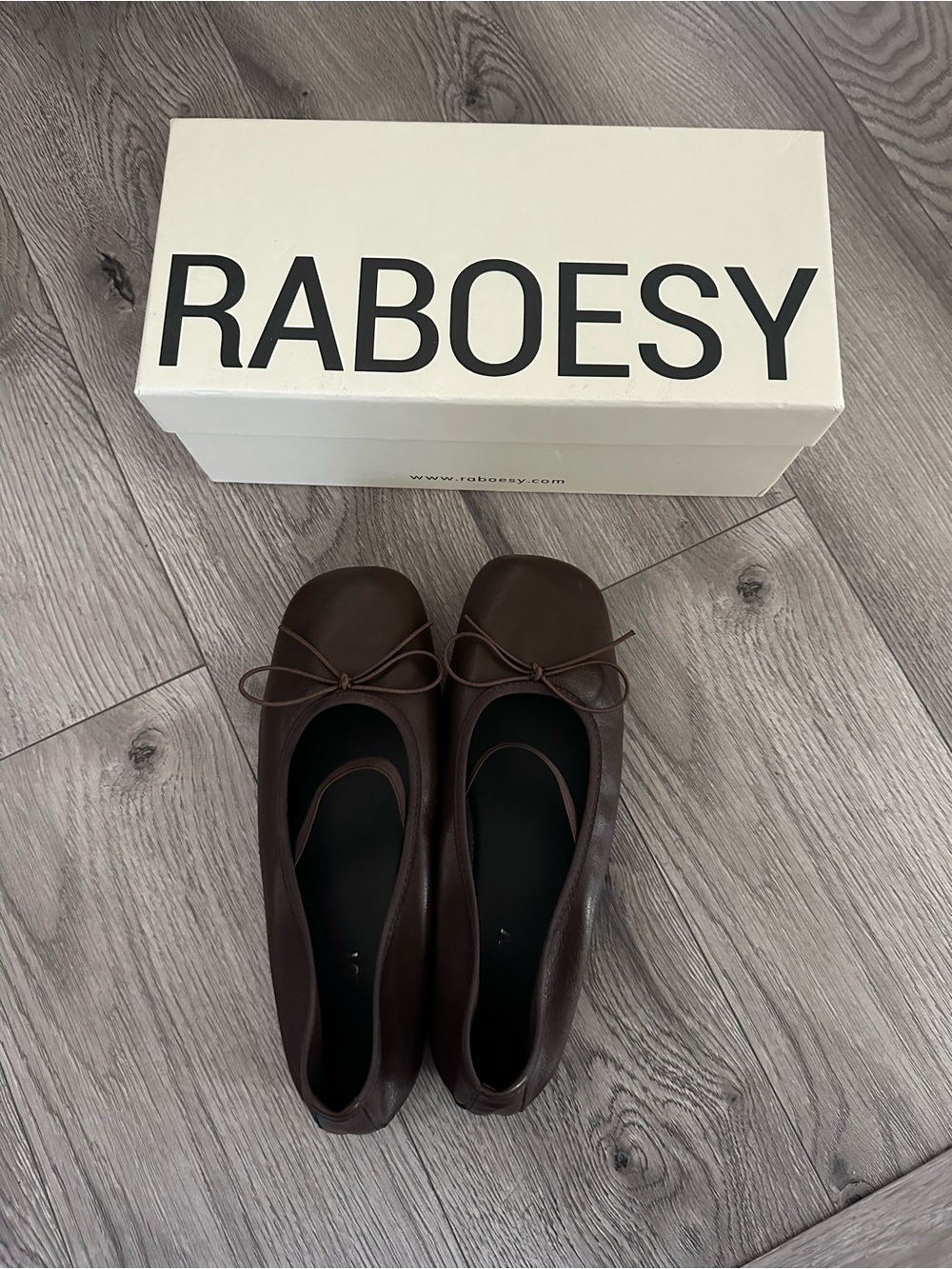 RABOESY Round Toe Ballet Flats Brown Leather with Bow Detail